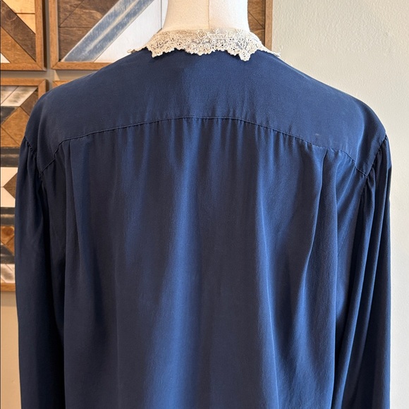 Vintage Ralph Lauren Navy Pleated Button Down Shirt with Lace Collar - Picture 8 of 13